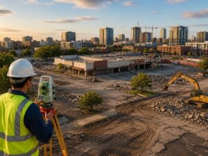 Surveyor in a hard hat and neon vest uses a theodolite on a construction site with excavator and city skyline in the background.
