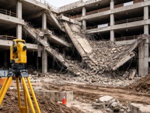 Construction site with a collapsed concrete building and rubble; a yellow surveying instrument on a tripod in the foreground, an orange cone nearby.