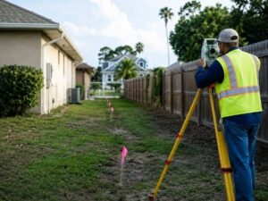 Boundary survey of a residential property line between neighboring homes