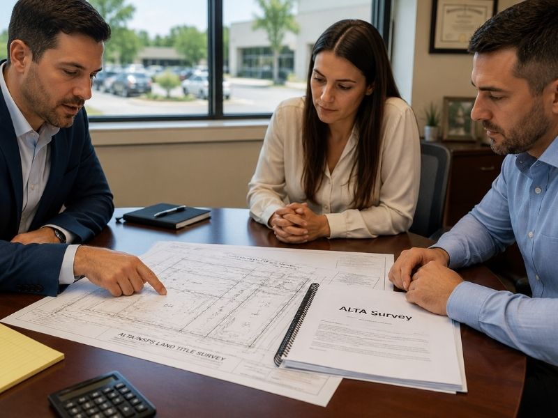 Developers reviewing an ALTA land survey and commercial property plans during a project meeting