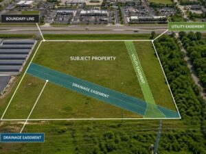 Aerial view of a property showing easements including utility and drainage easement areas with marked boundary lines