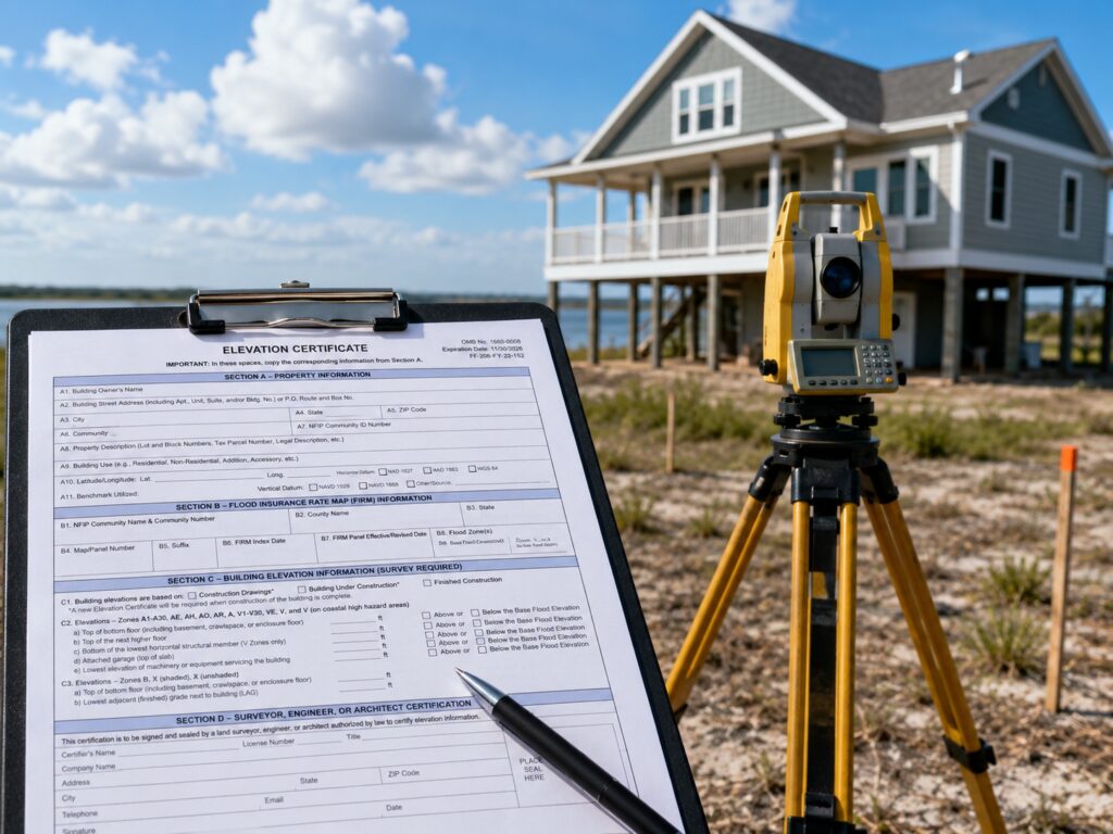 Land surveyor equipment and elevation certificate inspection at a residential property in a flood-prone area 