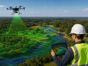 Engineer reviewing LiDAR mapping data while a survey drone scans floodplain terrain for stormwater management