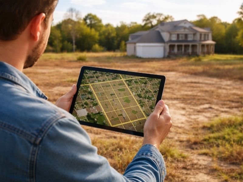 Person reviewing a mortgage survey map on a tablet while standing near a residential property