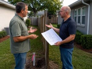 Two neighbors discussing a boundary survey near a residential fence line in a neighborhood