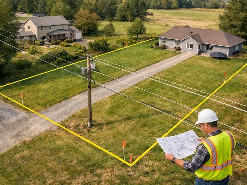 Surveyor reviewing boundary lines for an older residential property with marked lot corners and driveway access