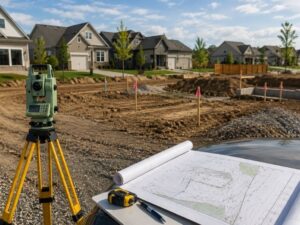 Topographic survey equipment and grading plans at a residential construction site before land development work begins