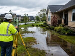 Topographic survey crew checking elevation and drainage near standing water on a residential property after heavy rain