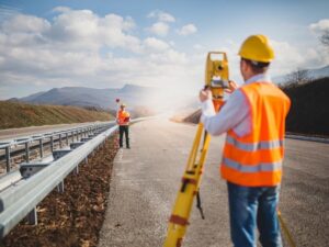 Survey crew using total station equipment to collect post-construction measurements for an as-built survey.
