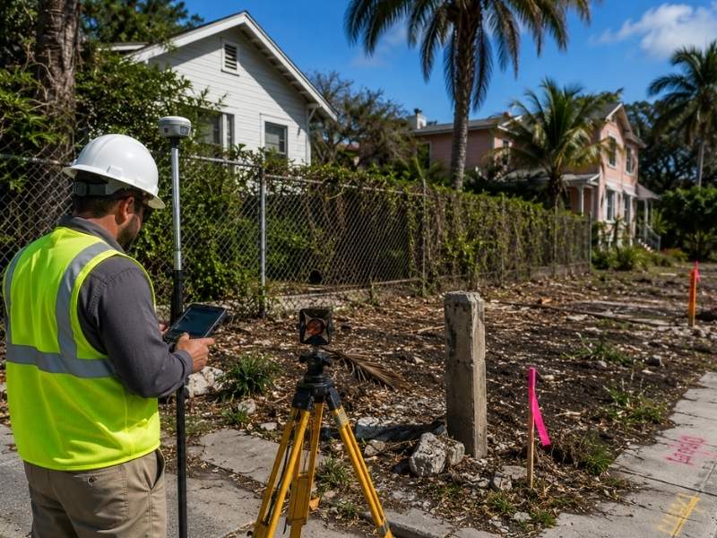 Licensed land surveyor investigating property boundary markers on a residential lot after fieldwork revealed conditions that could increase boundary survey costs.