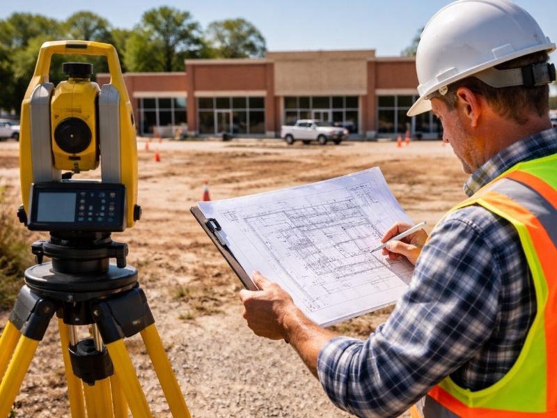 Construction surveyor wearing a hard hat and safety vest studies blueprints beside a tripod-mounted surveying instrument on an active site.",