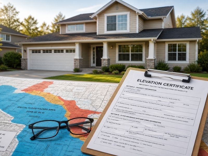 Elevation certificate beside a FEMA flood zone map in front of a home, illustrating how elevation data supports floodplain permit approval.