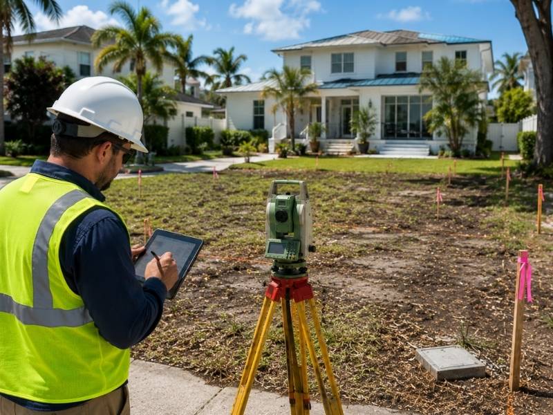 Licensed local surveyor using GPS surveying equipment and a tablet to collect accurate property data for a residential permit site plan in St. Petersburg, Florida.