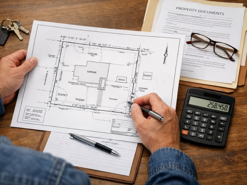 Person reviews a house floor plan with a pen on a desk, surrounded by a calculator, glasses, and property documents.
