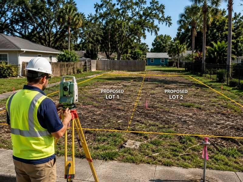 Licensed land surveyor measuring a residential parcel to evaluate property boundaries, easements, and existing improvements before splitting or combining land.