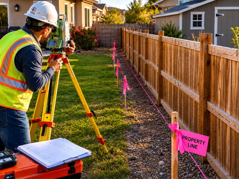 Property line marker and boundary survey stakes showing measurements used to establish legal property boundaries