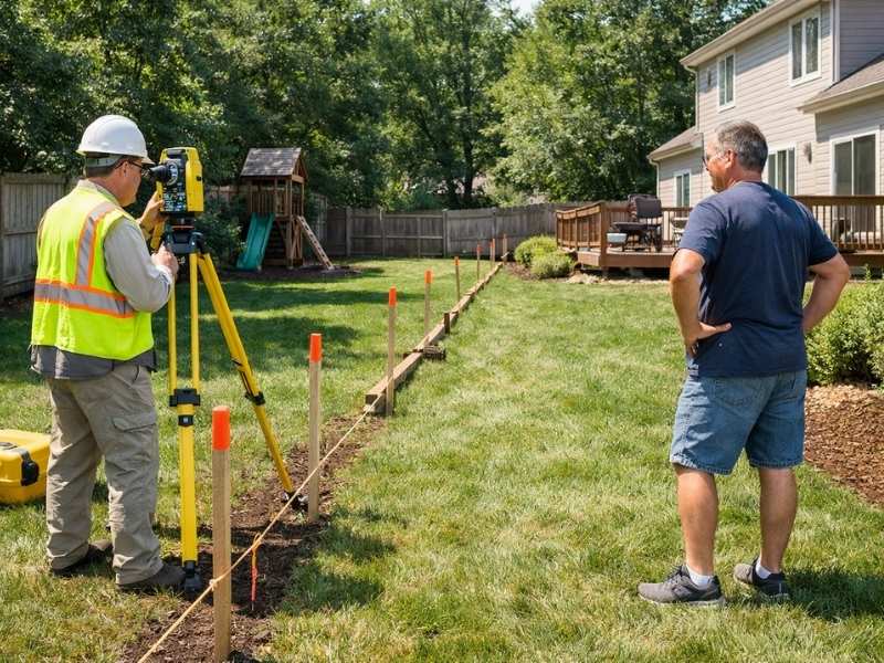Land surveyor and homeowner reviewing boundary markers during a property line survey in a residential backyard in St. Petersburg