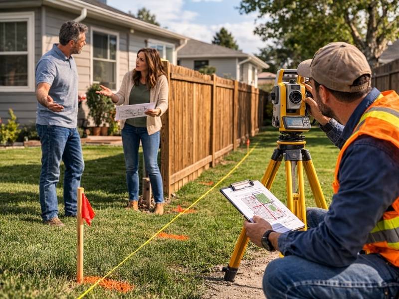 Licensed land surveyor locating property lines before fence replacement while homeowners discuss boundary placement to avoid neighbor disputes.