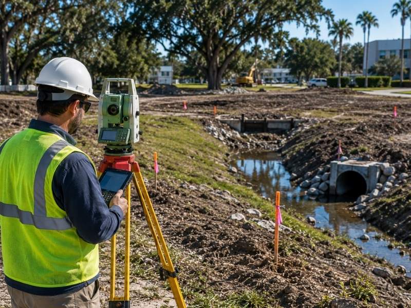 Surveyor using GPS surveying equipment to measure ground elevations on a drainage improvement site with swales, standing water, and grading stakes in St. Petersburg, FL.