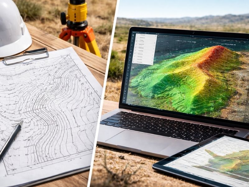 Surveying workspace with a contour map, hard hat, and pencil on a wooden desk; a yellow instrument sits in the background. On the right, a laptop displays a colorful 3D topographic model of terrain.