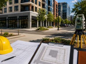 Surveying equipment and redevelopment site plans in front of a modern mixed-use development, representing ALTA title survey review and due diligence for redevelopment parcels.