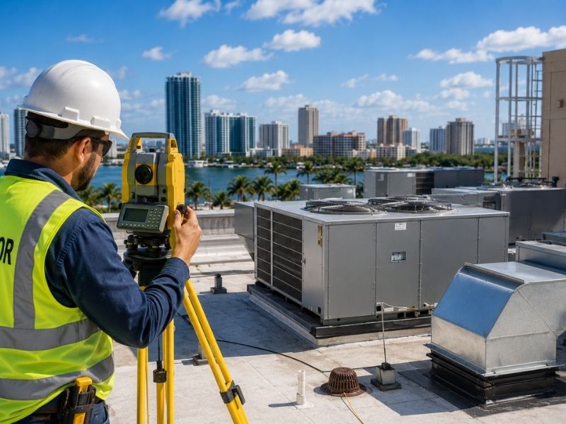 Land surveyor performing an elevation survey on a commercial rooftop before installing new HVAC units in St. Petersburg, FL.