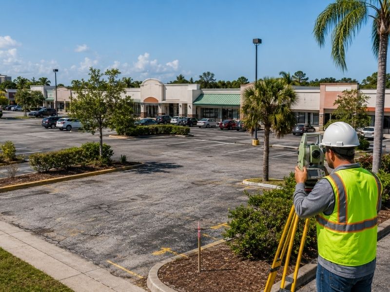 Land surveyor documenting an aging shopping center for redevelopment planning in St. Petersburg, FL.