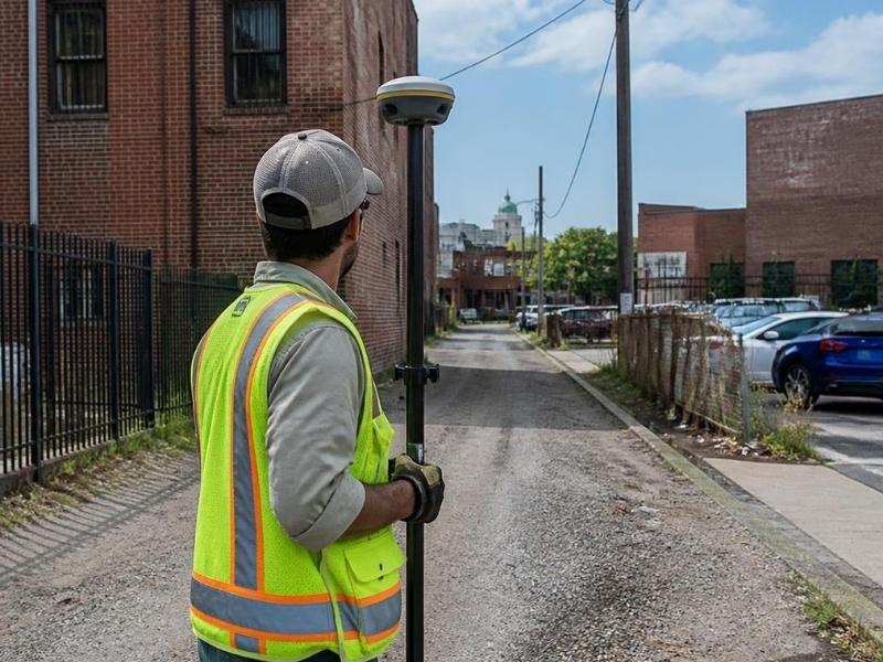 Land surveyor locating an old alley and shared access behind a historic commercial property in St. Petersburg, FL using modern surveying equipment.