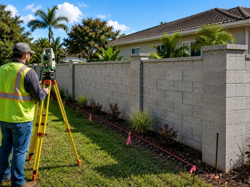 Property line survey showing a land surveyor marking the boundary beside a shared concrete block privacy wall before replacement in St. Petersburg, FL.