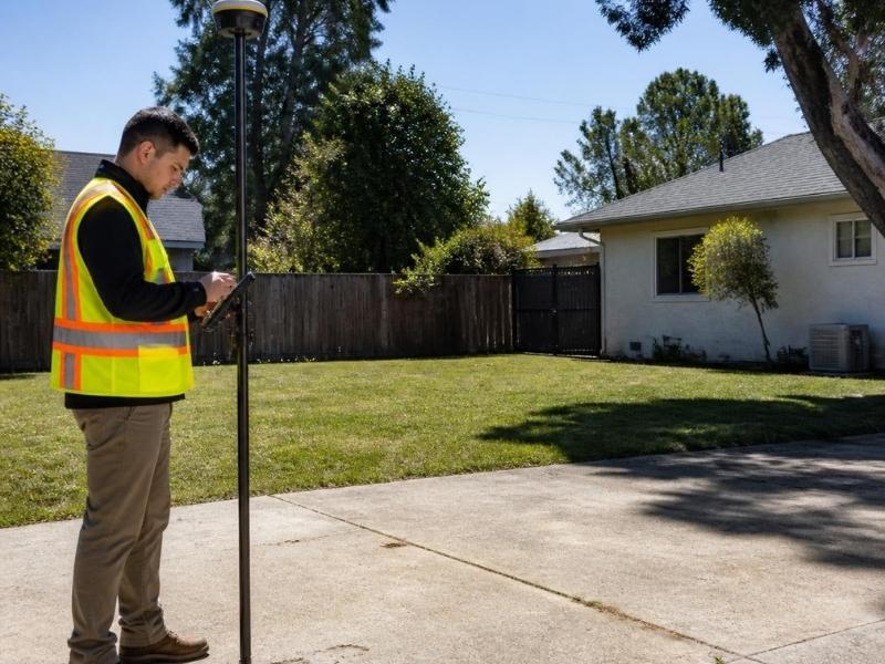 Land surveyor measuring a residential backyard in St. Petersburg, FL to verify setbacks, easements, trees, and available space for an ADU.