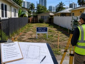 Surveyor conducting a due diligence survey on a narrow infill lot in St. Petersburg, Florida, to verify property boundaries, easements, setbacks, and potential encroachments before development.