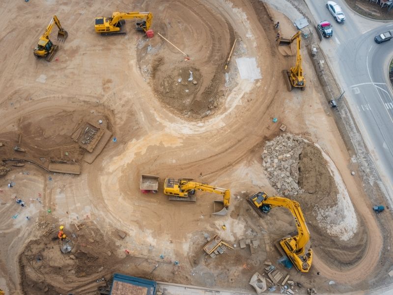 Aerial survey documenting active earthwork and construction progress at a commercial development site in St. Petersburg, FL using drone mapping.