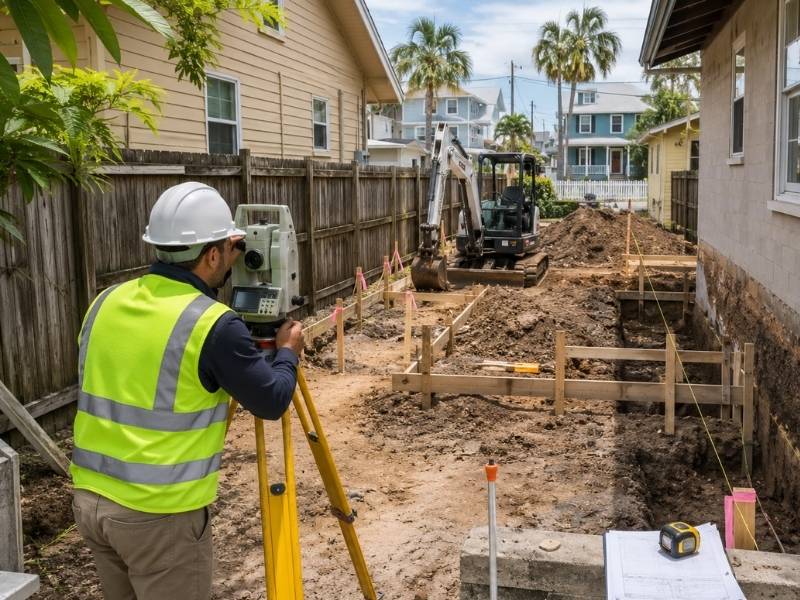 Construction worker in safety vest and hard hat using surveying equipment in a backyard, with a trench and excavator in the background.