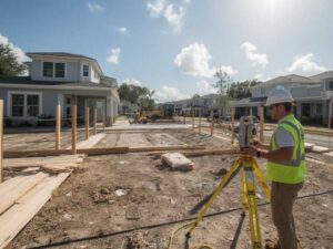 Licensed land surveyor using a total station to mark foundation layout stakes on a residential tear-down rebuild site in St. Petersburg, Florida.