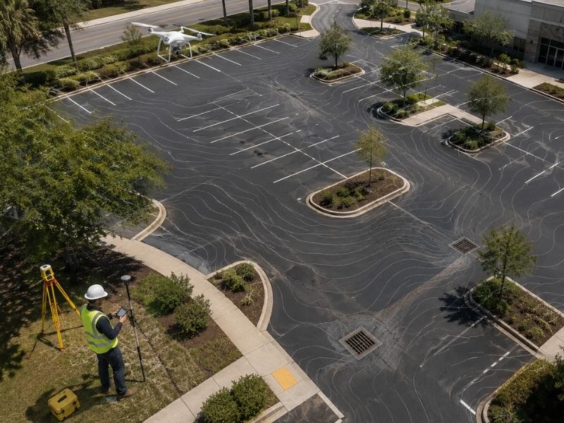 Topographic survey of a commercial parking lot in St. Petersburg, FL showing elevation contours, drainage features, and existing site conditions for parking lot redesign.