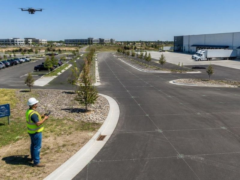 Drone operator in a safety vest and hard hat controls a drone over a paved parking lot at a construction site, with trucks and buildings in the distance.