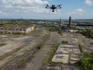 Aerial survey in St. Petersburg Florida using drones to document older industrial sites before redevelopment.