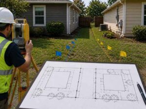 Boundary Survey showing two neighboring residential properties with survey equipment and utility markers before creating a shared utility easement in St. Petersburg, Florida.