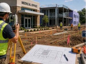 Construction staking at a medical office expansion with survey stakes, layout lines, and a surveyor marking the approved building footprint in St. Petersburg, Florida.
