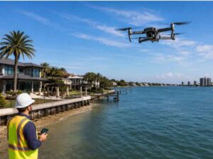 Drone land surveying in St. Petersburg Florida for waterfront redevelopment planning.