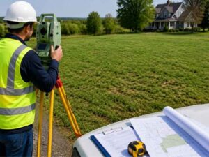 Licensed Land Surveyor in St. Petersburg, Florida reviewing parcel boundaries on a residential property.